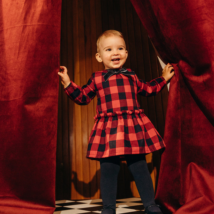 Vestido De Flannel Twill Con Estampado De Cuadros Vinotinto Y Azul Marino Para Bebe Niña