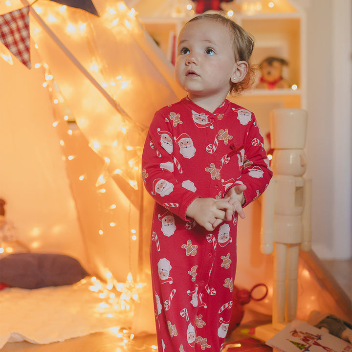 Pijama De Algodón Roja Con Estampado Navideño Para Bebe Niña