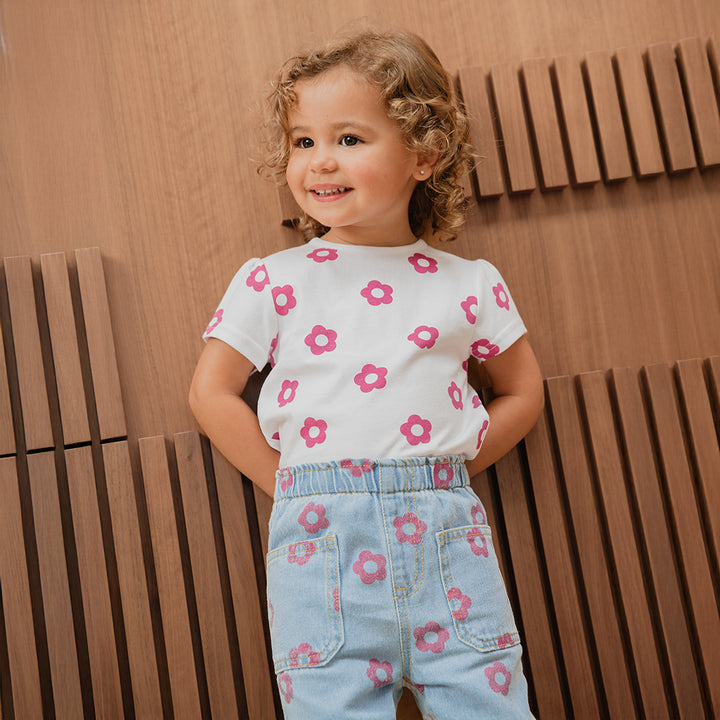 Franela De Algodón Blanco Con Estampado De Flores Fucsia Para Bebe Niña