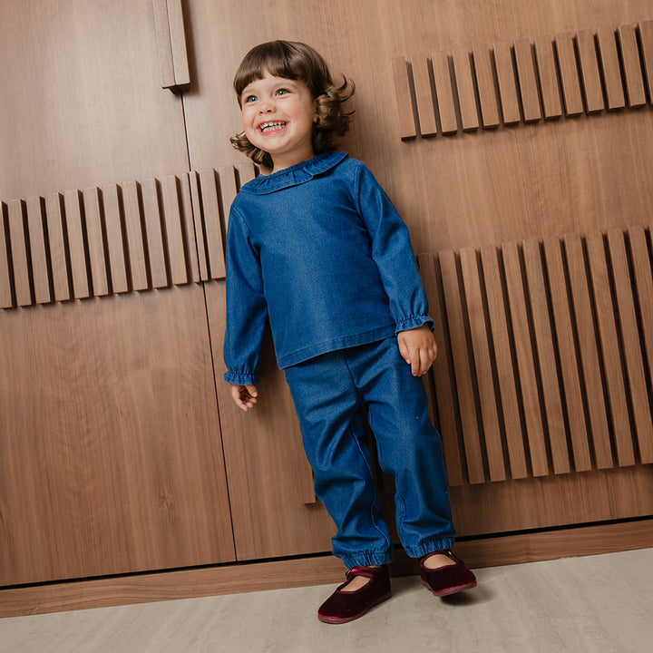 Blusa De Chambray Azul Oscuro Manga Larga Con Cuello Para Bebe Niña