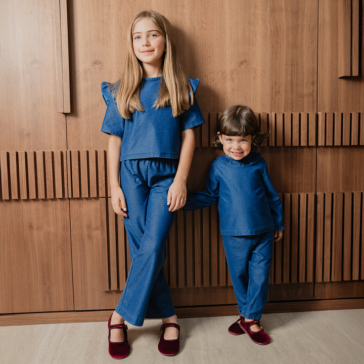 Blusa De Chambray Azul Oscuro Manga Larga Con Cuello Para Bebe Niña