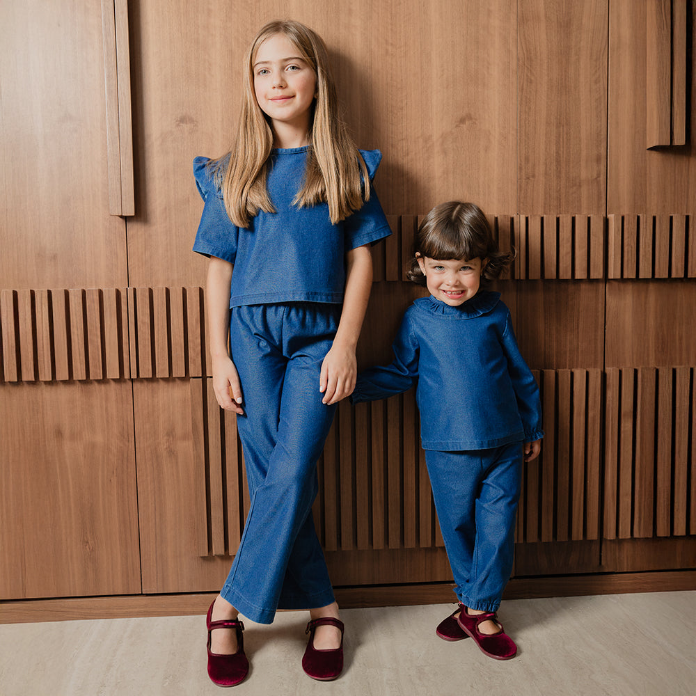 Pantalón Chambray Azul Oscuro Con Elástico En La Cintura Para Bebe Niña