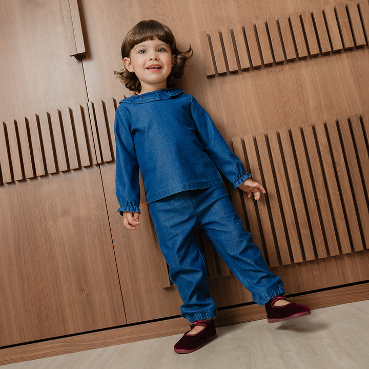 Pantalón Chambray Azul Oscuro Con Elástico En La Cintura Para Bebe Niña