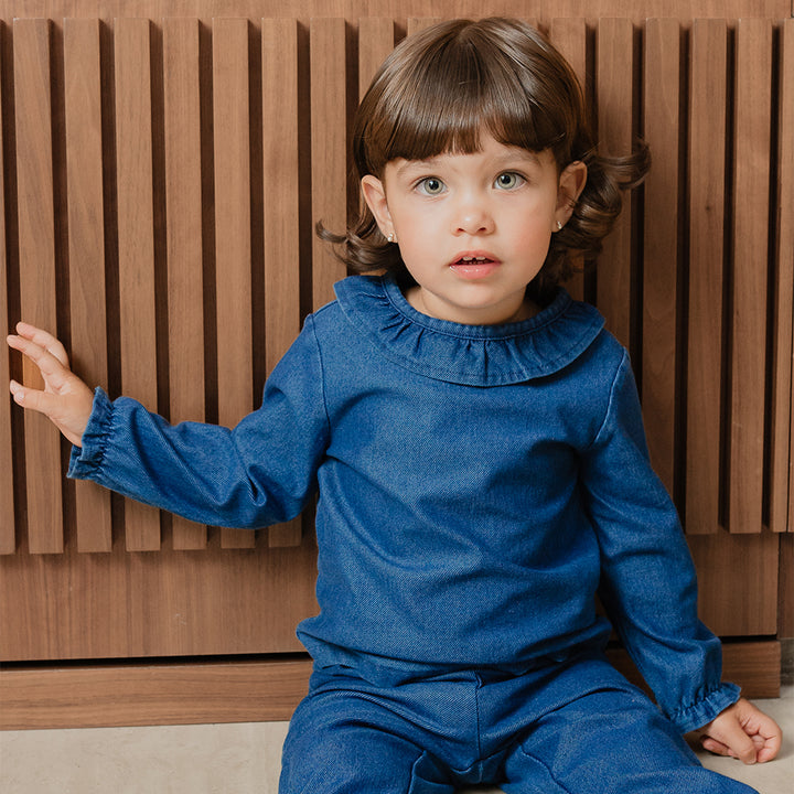 Pantalón Chambray Azul Oscuro Con Elástico En La Cintura Para Bebe Niña