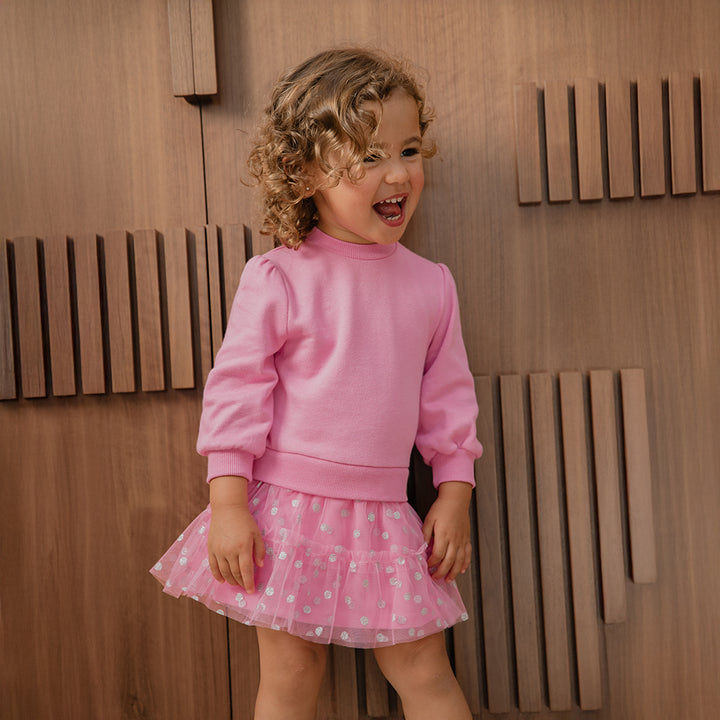 Vestido De Algodon Rosado Manga Larga Con Falda De Tull Y Estampado De Punticos Plateados Para Bebe Niña