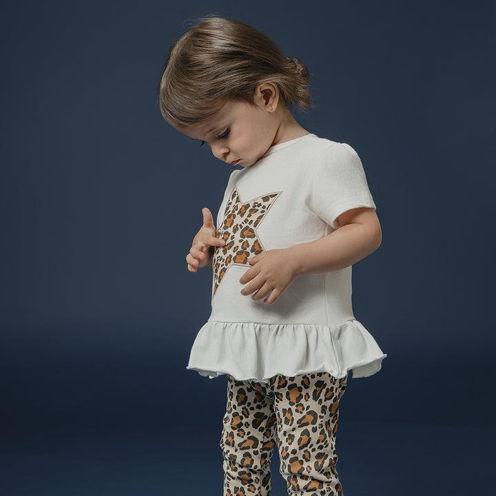 Franela De Algodón Crema Con Bordado De Estrella Con Estampado De Leopardo Para Bebe Niña