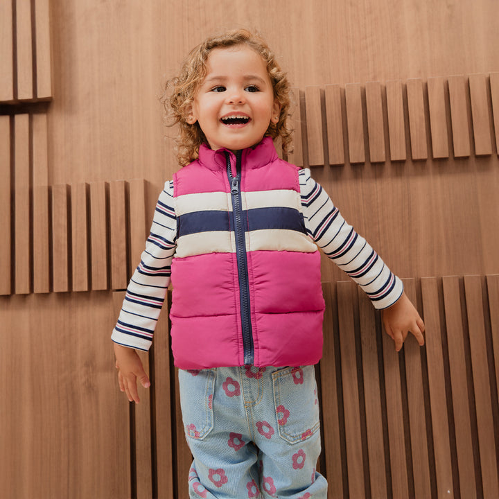 Chemise De Algodón Manga Larga De Rayas Y Bordado De Flor Fucsia Para Bebe Niña