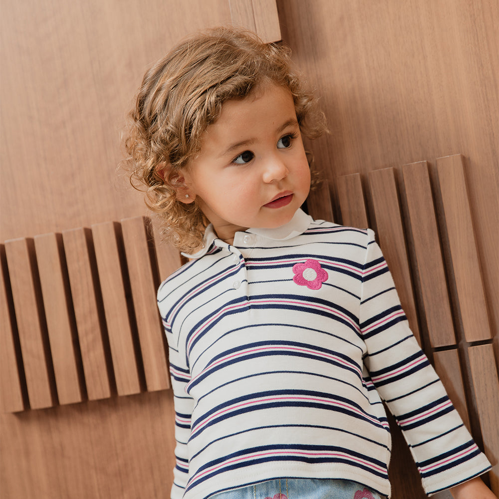 Chemise De Algodón Manga Larga De Rayas Y Bordado De Flor Fucsia Para Bebe Niña