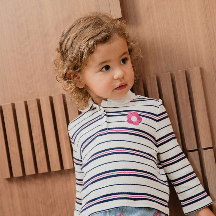 Chemise De Algodón Manga Larga De Rayas Y Bordado De Flor Fucsia Para Bebe Niña