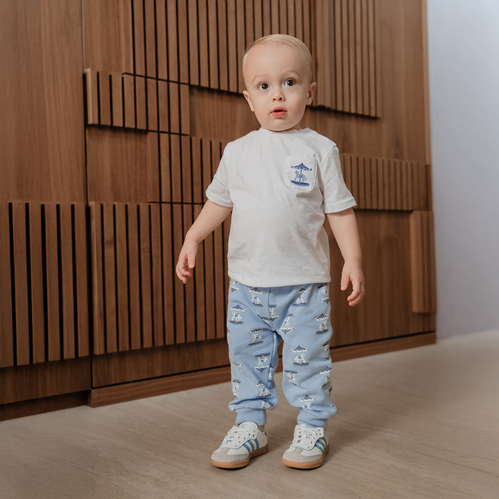 Mono De Algodón Azul Claro Con Estampado De Carruseles Para Bebe Niño
