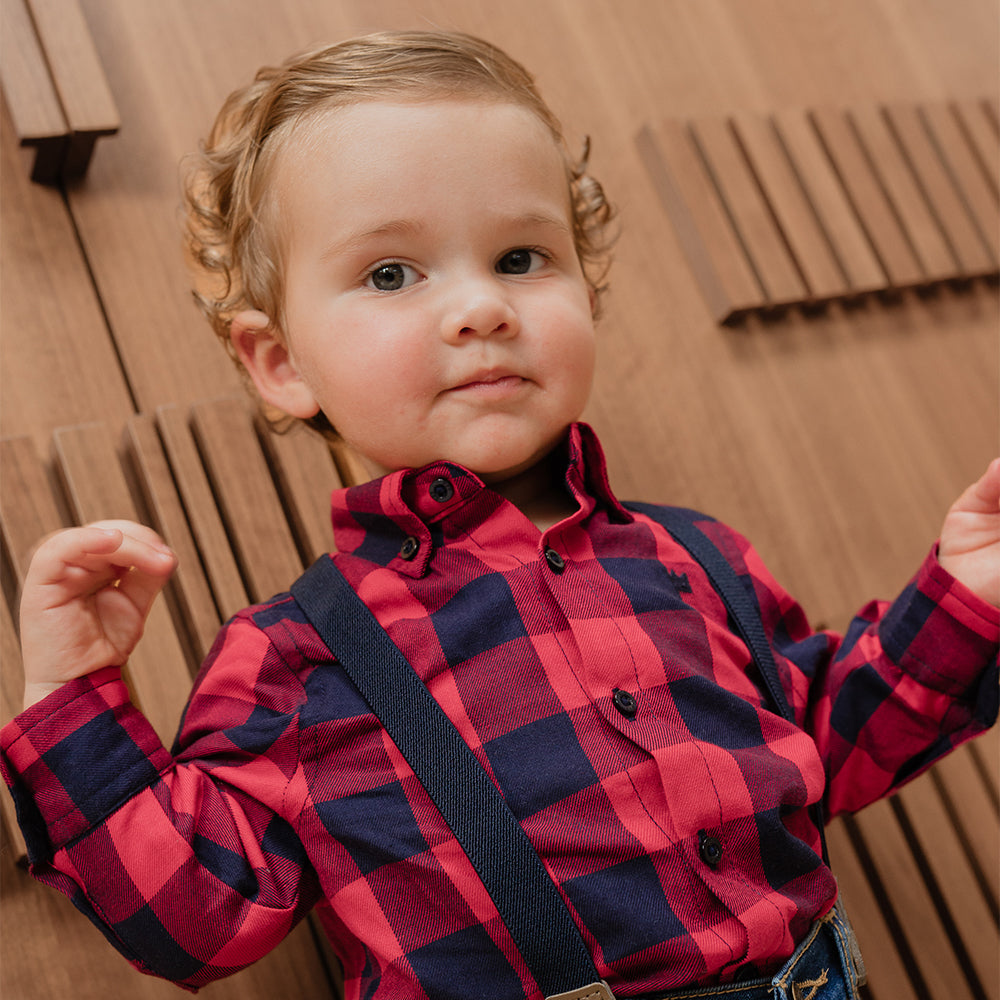Body Camisa De Flannel Twill Con Estampado De Cuadros Vinotinto Y Azul Para Bebe Niño