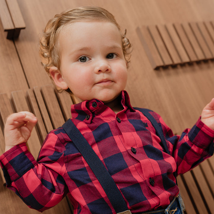 Body Camisa De Flannel Twill Con Estampado De Cuadros Vinotinto Y Azul Para Bebe Niño