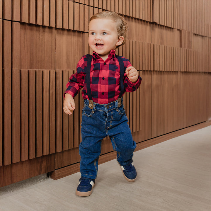 Body Camisa De Flannel Twill Con Estampado De Cuadros Vinotinto Y Azul Para Bebe Niño