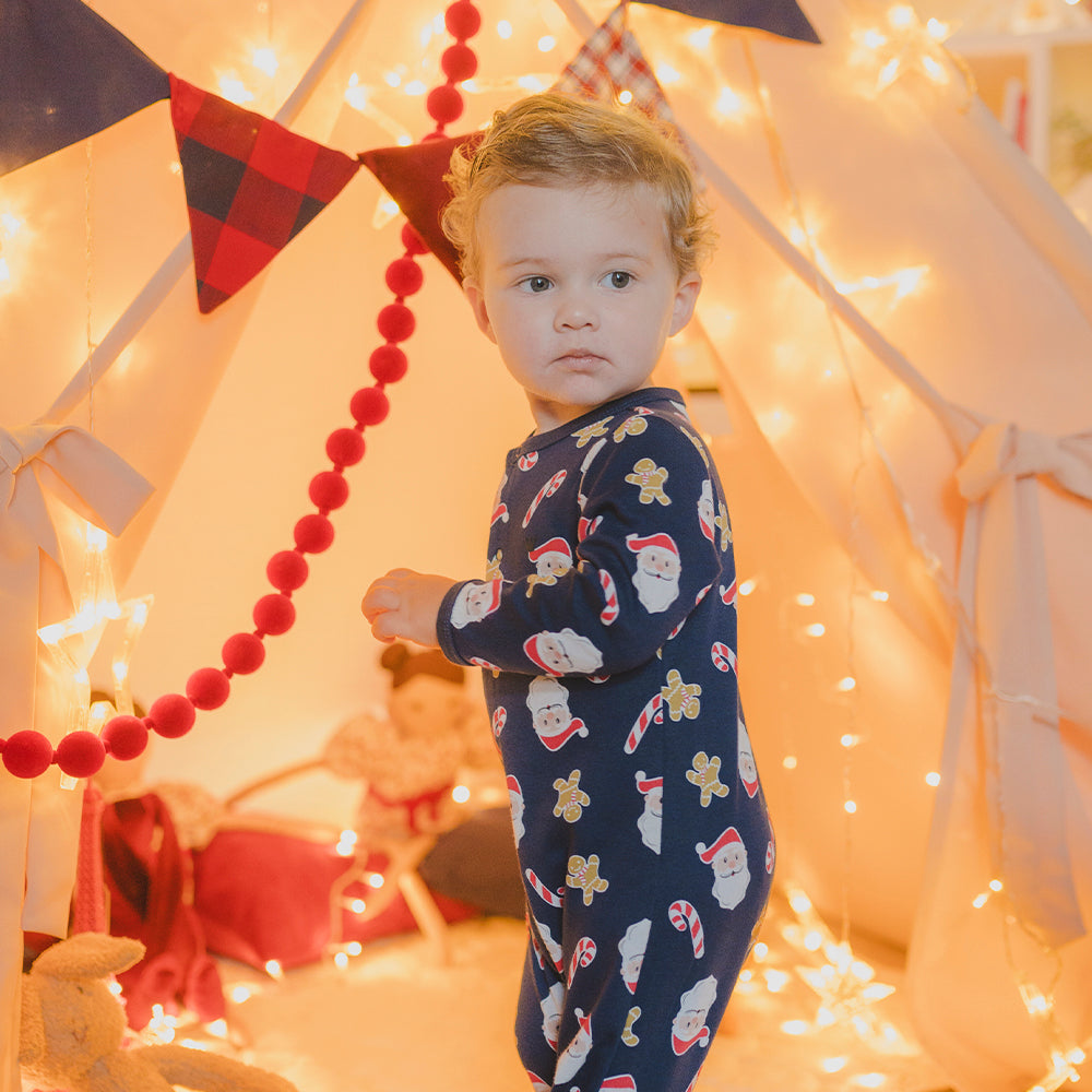 Pijama De Algodón Azul Oscuro Con Estampado De Navidad Para Bebe Niño