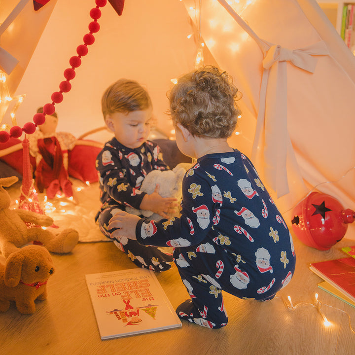 Pijama De Algodón Azul Oscuro Con Estampado De Navidad Para Bebe Niño