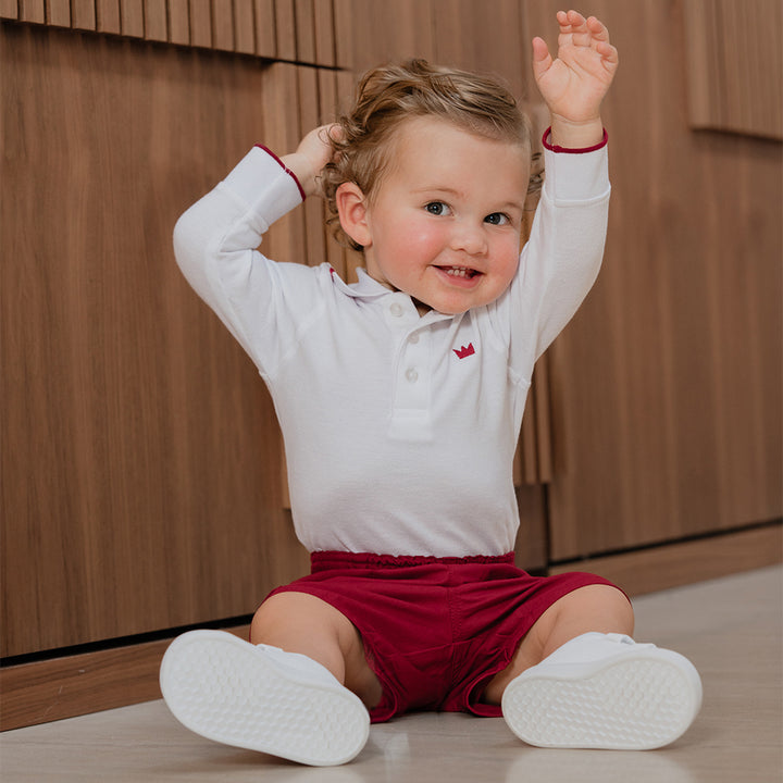 Body Chemise De Algodón Blanco Manga Larga Con Detalles En Vinotinto Para Bebe Niño