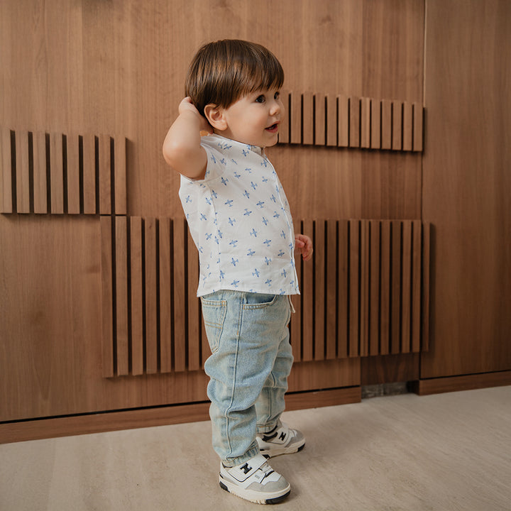 Camisa De Popelina Blanca Con Estampado De Aviones Y Bolsillo Para Bebe Niño