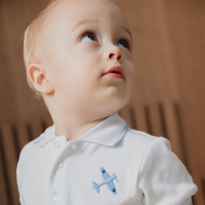 Chemise De Algodón  Blanca Manga Corta Con Bordado De Avión Para Bebe Niño
