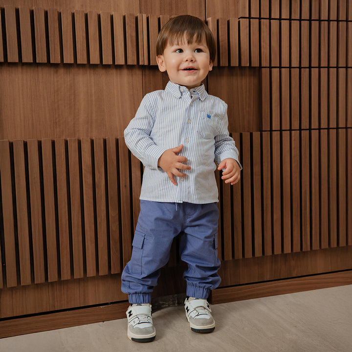 Camisa De Popelina De Rayas Azules Para Bebe Niño