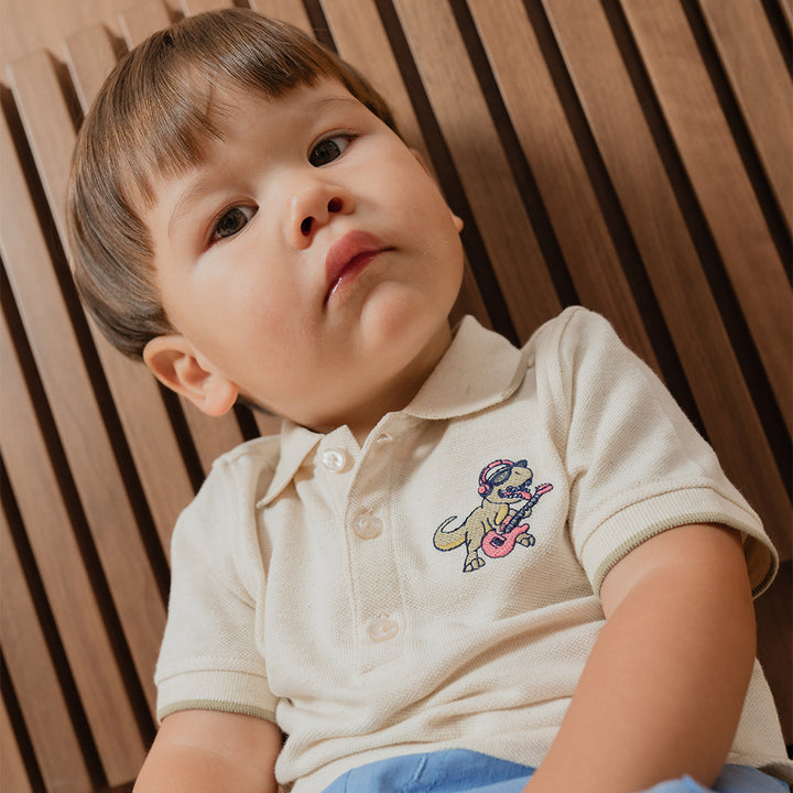 Chemise De Piqué Crema Con Bordado De Dinosaurio Para Bebe Niño