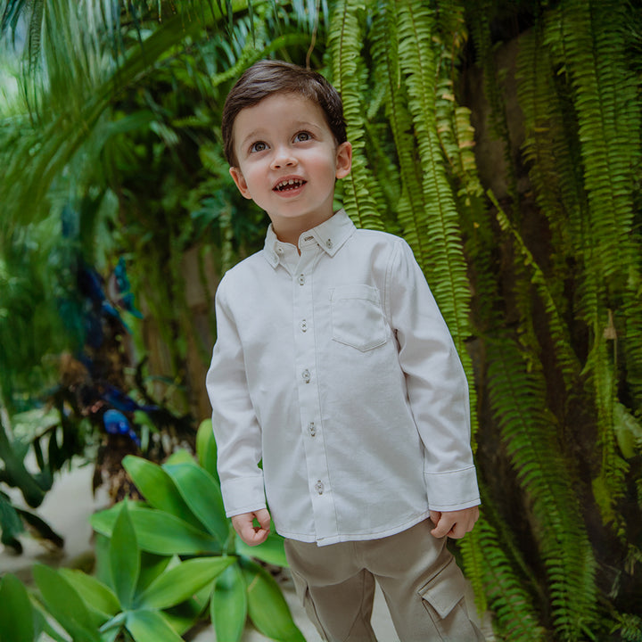 Camisa De Lino Crema Manga Larga Con Bolsillo Para Bebe Niño