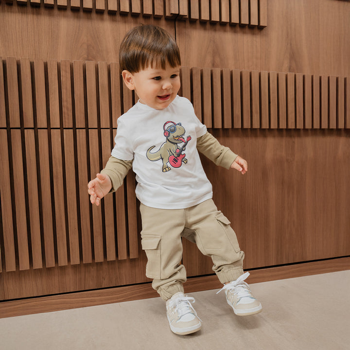 Franela De Algodón Blanco Con Gráfico De Dinosaurio Y Mangas Largas En Verde Para Bebe Niño
