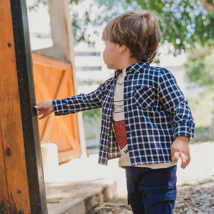 Camisa De Twill Manga Larga Con Estampado De Cuadros Azul Marino Y Crema Para Bebe Niño