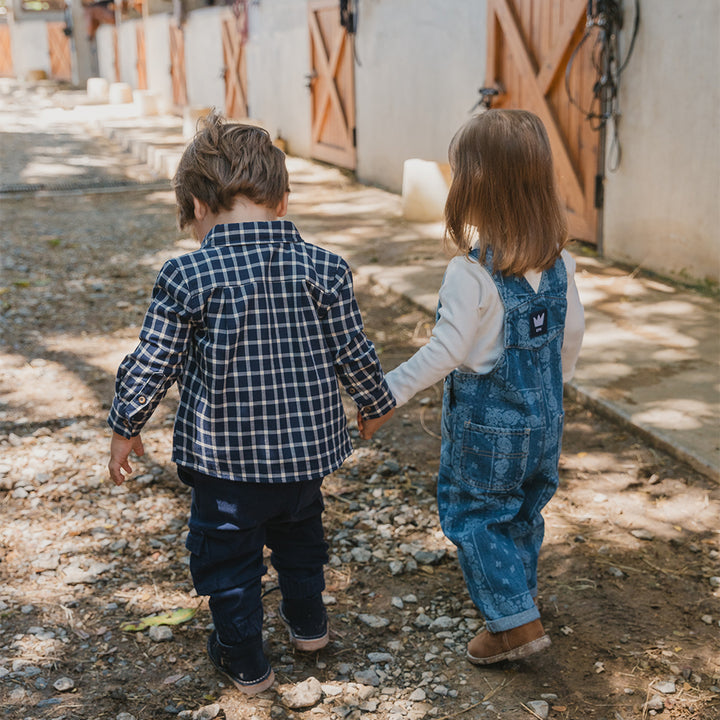 Camisa De Twill Manga Larga Con Estampado De Cuadros Azul Marino Y Crema Para Bebe Niño