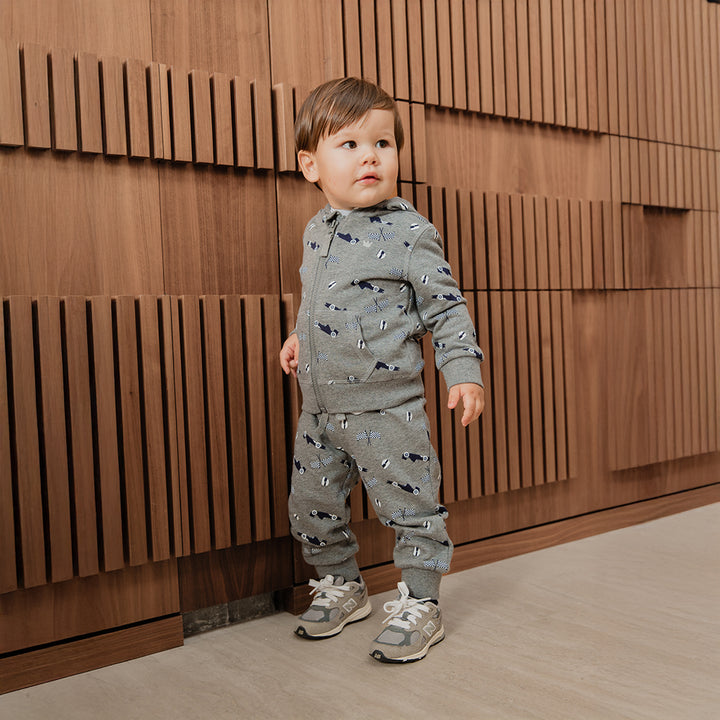 Mono De Algodón Gris Claro Con Estampado De Carritos Con Elástico En La Cintura Para Bebe Niño