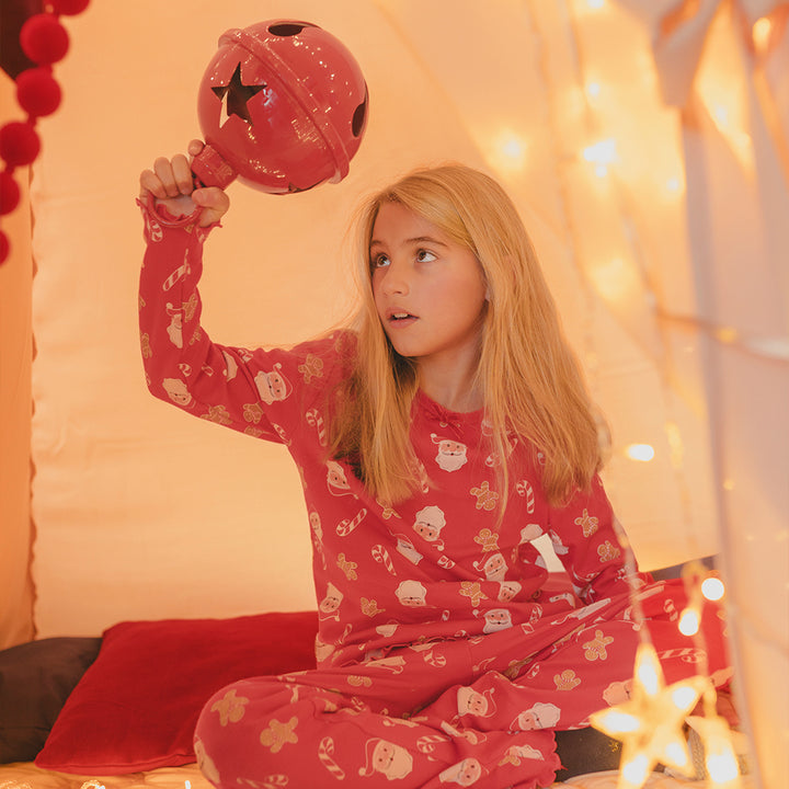 Pijama De Algodón Rojo Con Estampado Navideño Para Niña