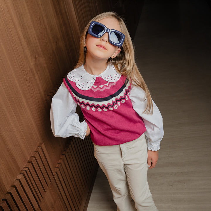 Blusa De Popelina Ligera Blanca Con Cuello De Eyelet Para Niña
