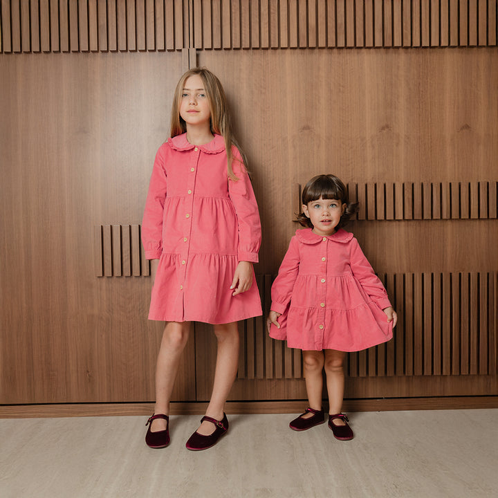 Vestido De Corduroy Rosado Guayaba Con Botones De Madera Para Niña