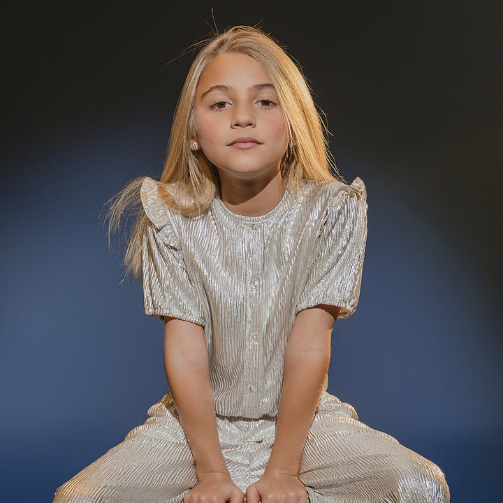Jumpsuit De Tela Texturizada Manga Corto Dorado Metálico Para Niña