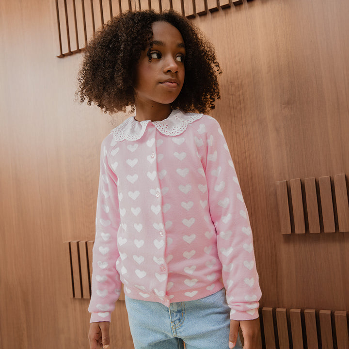 Cardigan De Algodón Tejido Rosado Con Estampado De Corazones Blancos Para Niña