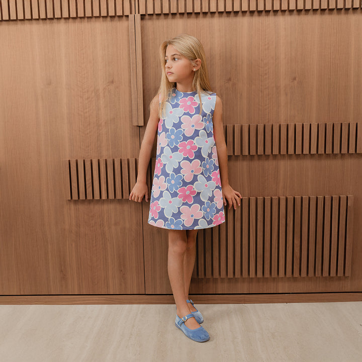 Vestido De Lona Con Estampado De Flores Multicolor Para Niña