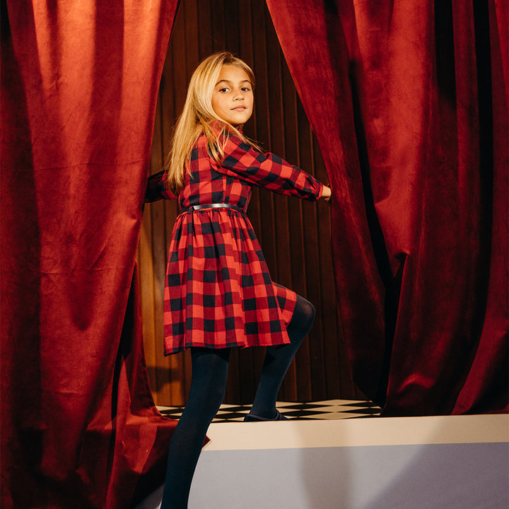 Vestido De Flannel Twill Con Estampado De Cuadros Vinotinto Y Azul Marino Para Niña