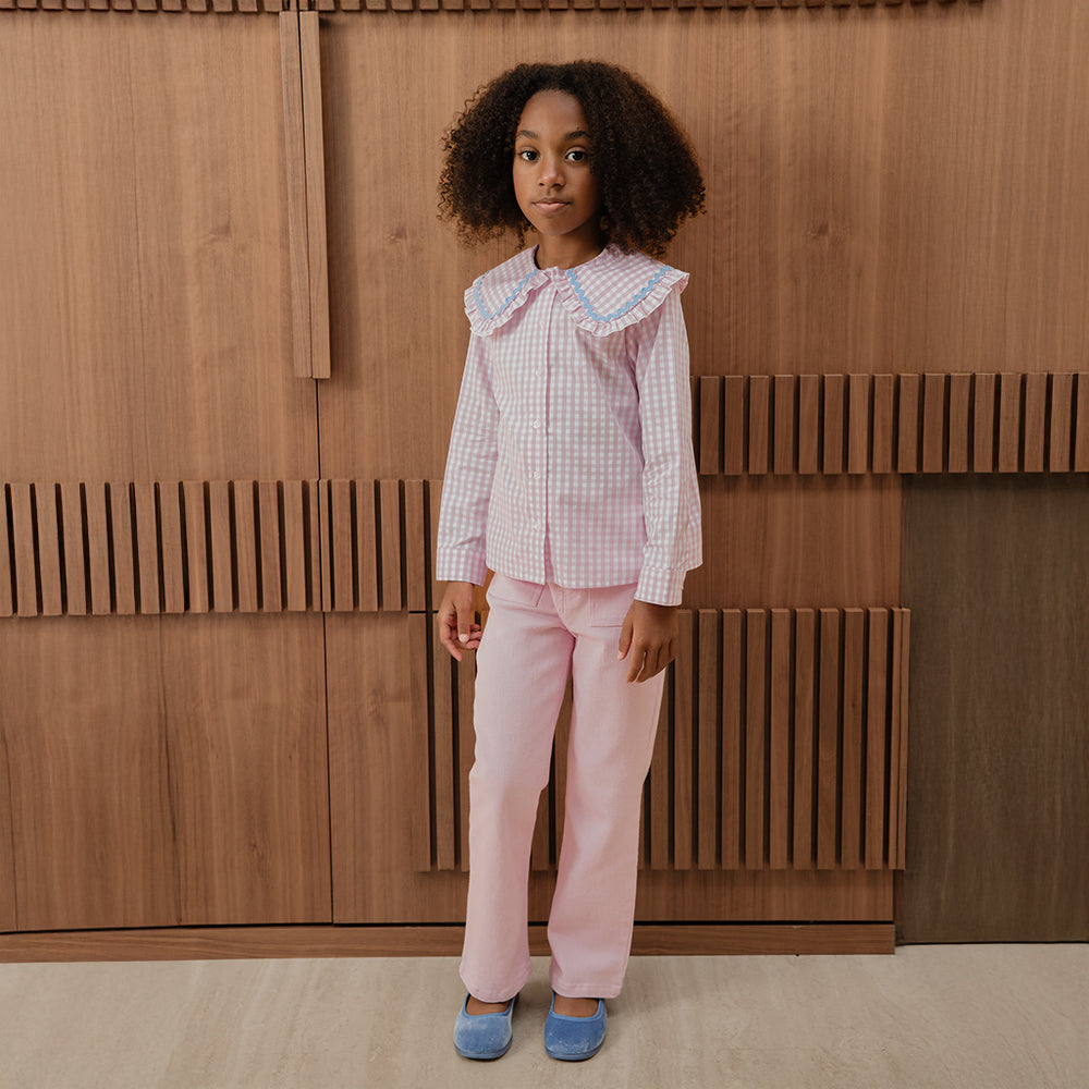 Blusa De Popelina Con Estampado De Cuadros Rosados Y Detalle Azul Clarito En El Cuello Para Niña