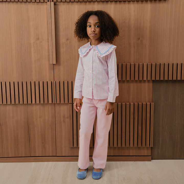 Blusa De Popelina Con Estampado De Cuadros Rosados Y Detalle Azul Clarito En El Cuello Para Niña