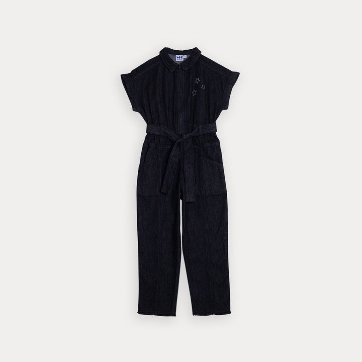 Jumpsuit De Jean Negro Con Detalle De Estrellas Brillantes Para Niña