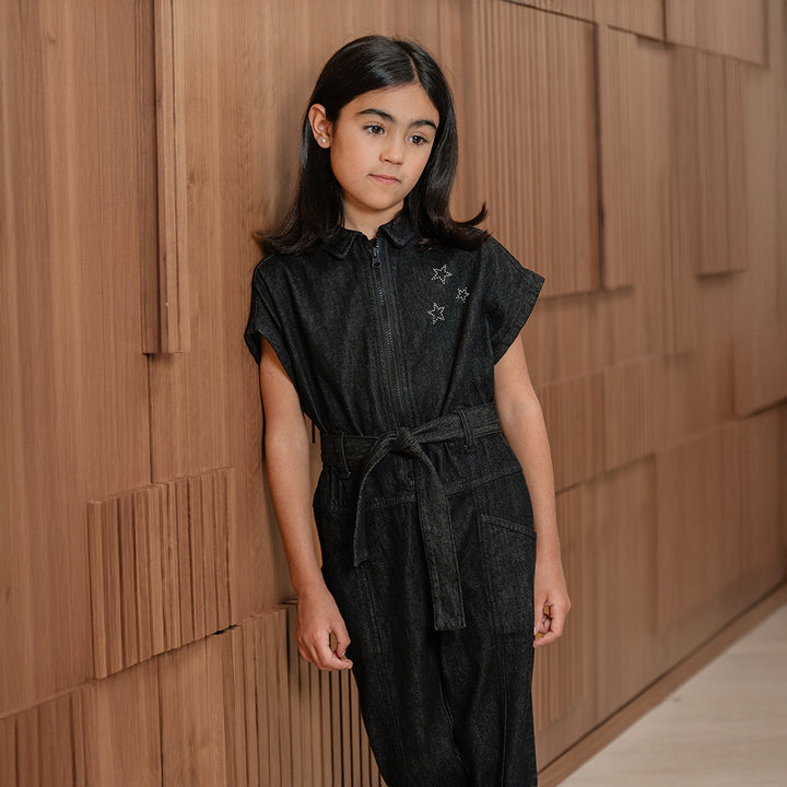Jumpsuit De Jean Negro Con Detalle De Estrellas Brillantes Para Niña
