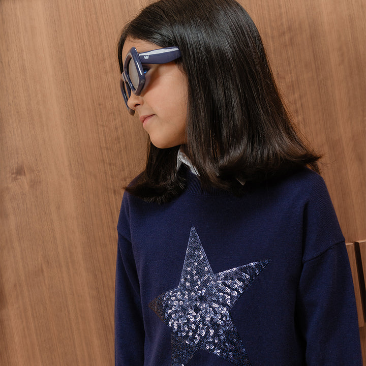 Suéter De Algodón Tejido Azul Marino Con Estrella De Lentejuelas Para Niña