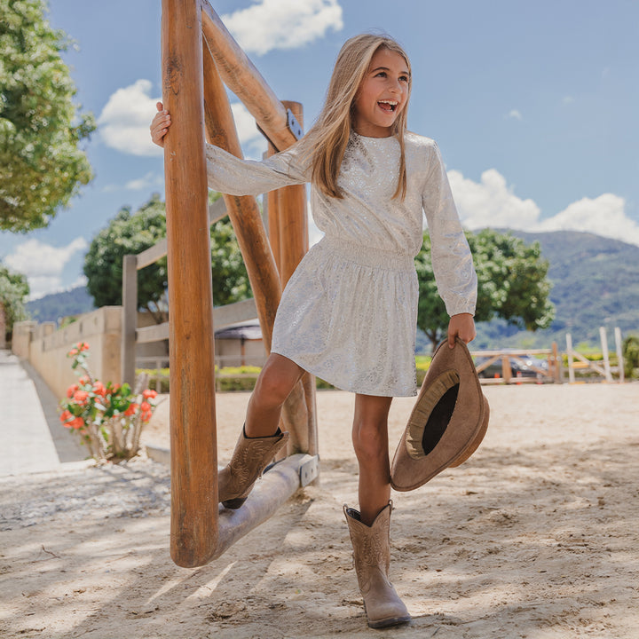 Vestido De Tela Ligera Blanco Manga Larga Con Estampado De Bacterias Plateadas Metálicas Para Niña