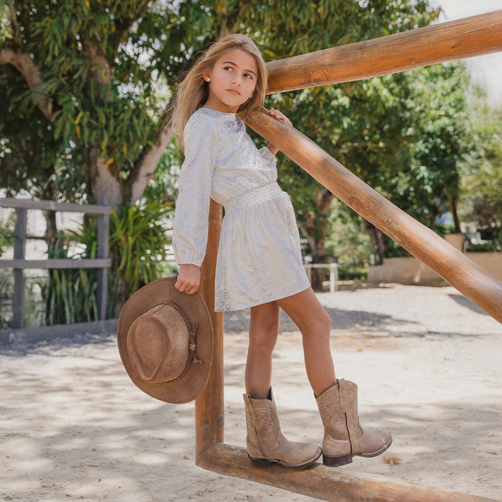 Vestido De Tela Ligera Blanco Manga Larga Con Estampado De Bacterias Plateadas Metálicas Para Niña