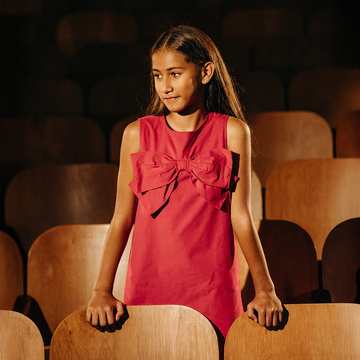 Vestido De Corduroy Rojo Con Lazo Grande Para Niña
