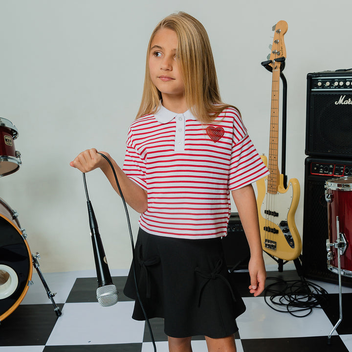 Chemise De Algodón Con Estampado De Rayas Blancas Y Rojas Y Parche De Corazón Con Lentejuelas Para Niña