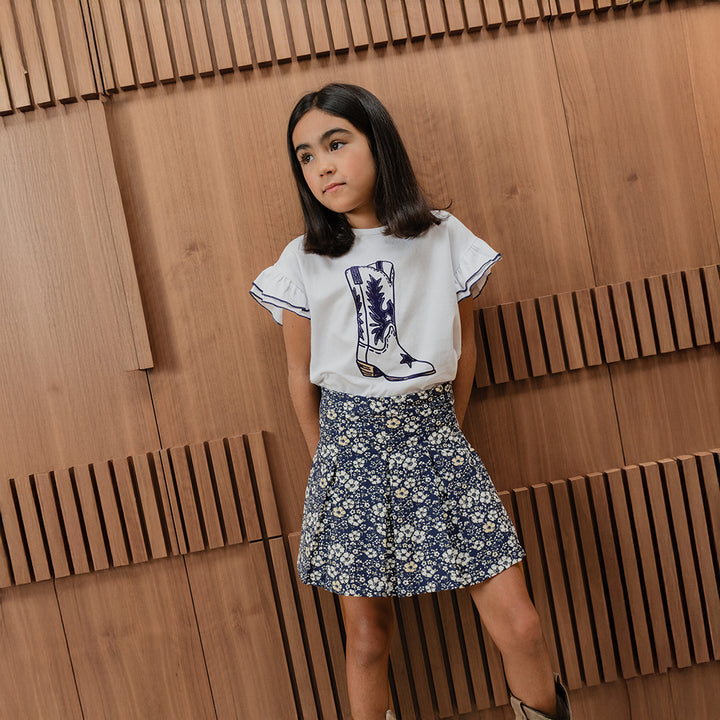Falda De Corduroy Azul Marina Con Estampado De Flores Para Niña