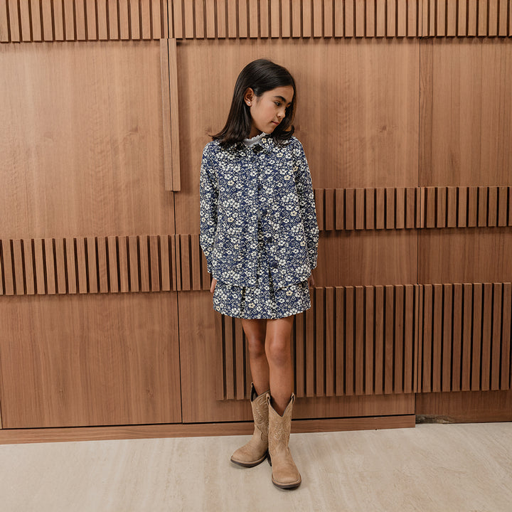 Falda De Corduroy Azul Marina Con Estampado De Flores Para Niña