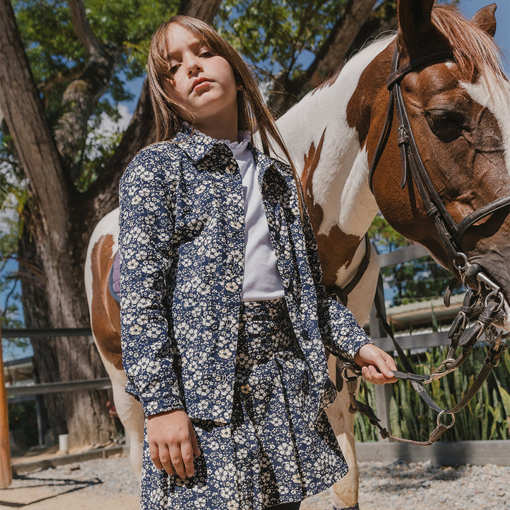 Falda De Corduroy Azul Marina Con Estampado De Flores Para Niña