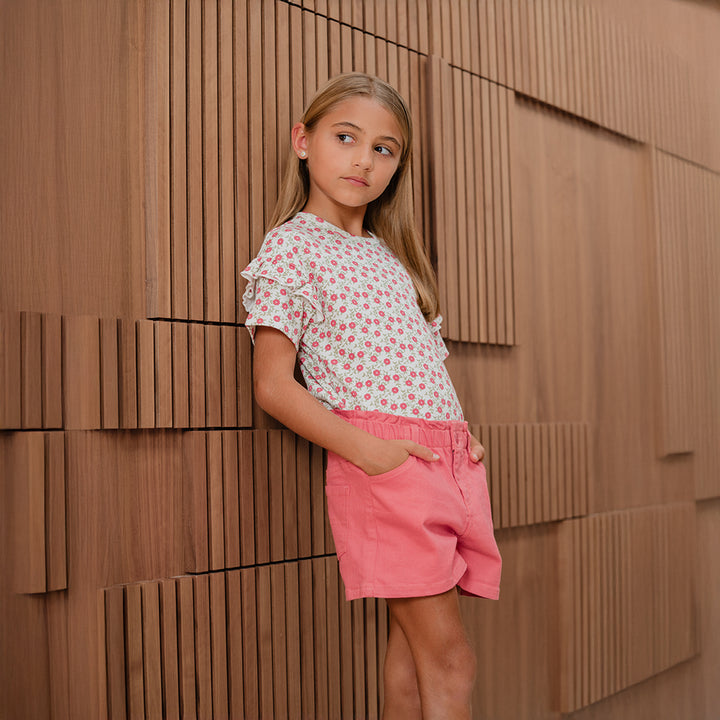 Shorts De Twill Rosado Guayaba Con Cinturón De Popelina Con Estampado Floral Para Niña