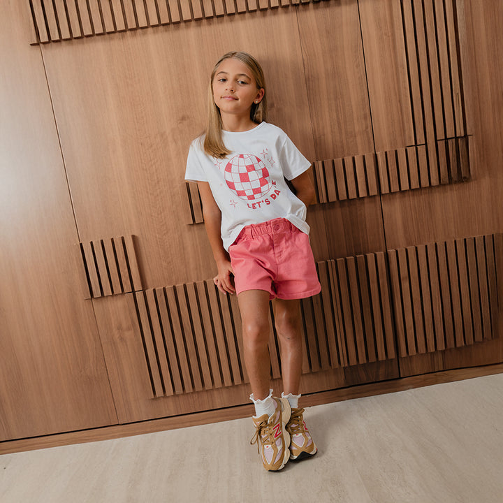 Shorts De Twill Rosado Guayaba Con Cinturón De Popelina Con Estampado Floral Para Niña